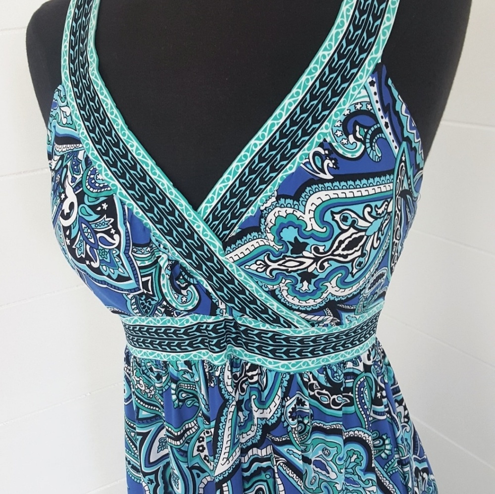 INC Blue Teal Maxi Tropical Getaway Cruise Dress